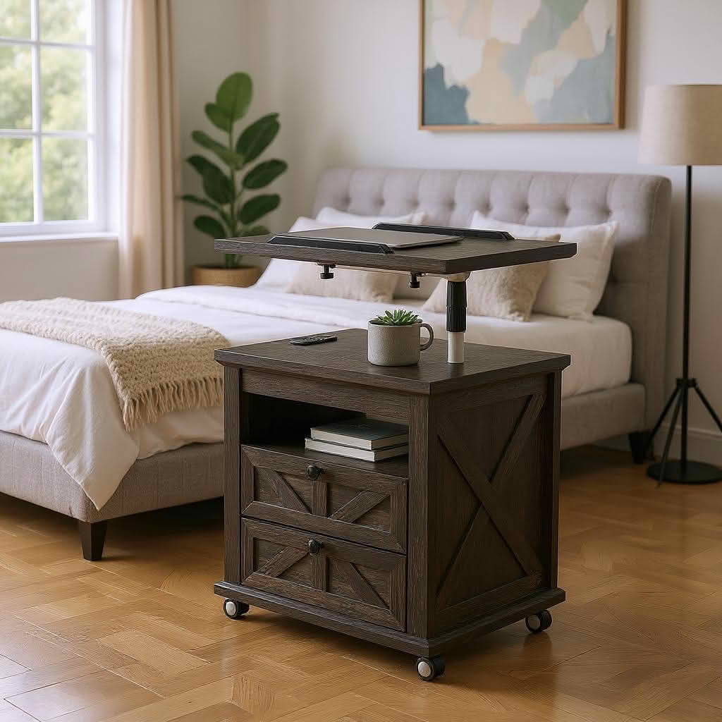 MAYEERTY Black Nightstand with Lockable Wheels, Multiple Storage Drawers USB Port for Living Room