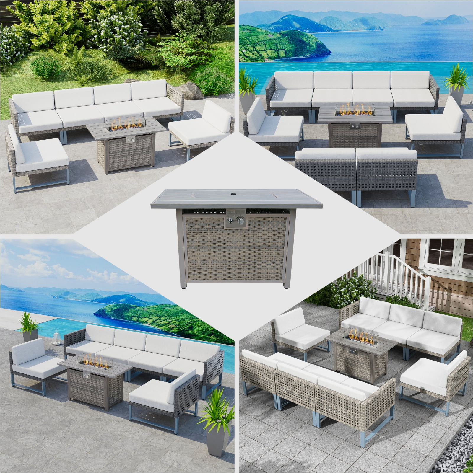 Evita 43'' 50,000 BTU Retangular Outdoor Gas Propan Fire Pit Table in Brown Wicker with Removable Lid and Waterproof Cover