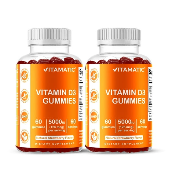 2 Pack Vitamatic Vitamin D3 Gummies - 5000 IU - 60 Vegan Gummies - Great Taste - Healthy Bones, Teeth, Mood, Joint & Immune System Function (Total 120 Count)