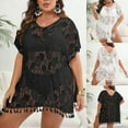 thumbnail image 2 of Xuhomer Plus Size Cover Ups for Women Lace Short Sleeve V-Neck Split Lace Beach Tassel Cover Up Bikini Bathing Suits Loose Crochet Sunscreen Cover Swimsuit Cover-up Dress Black Free Size, 2 of 6