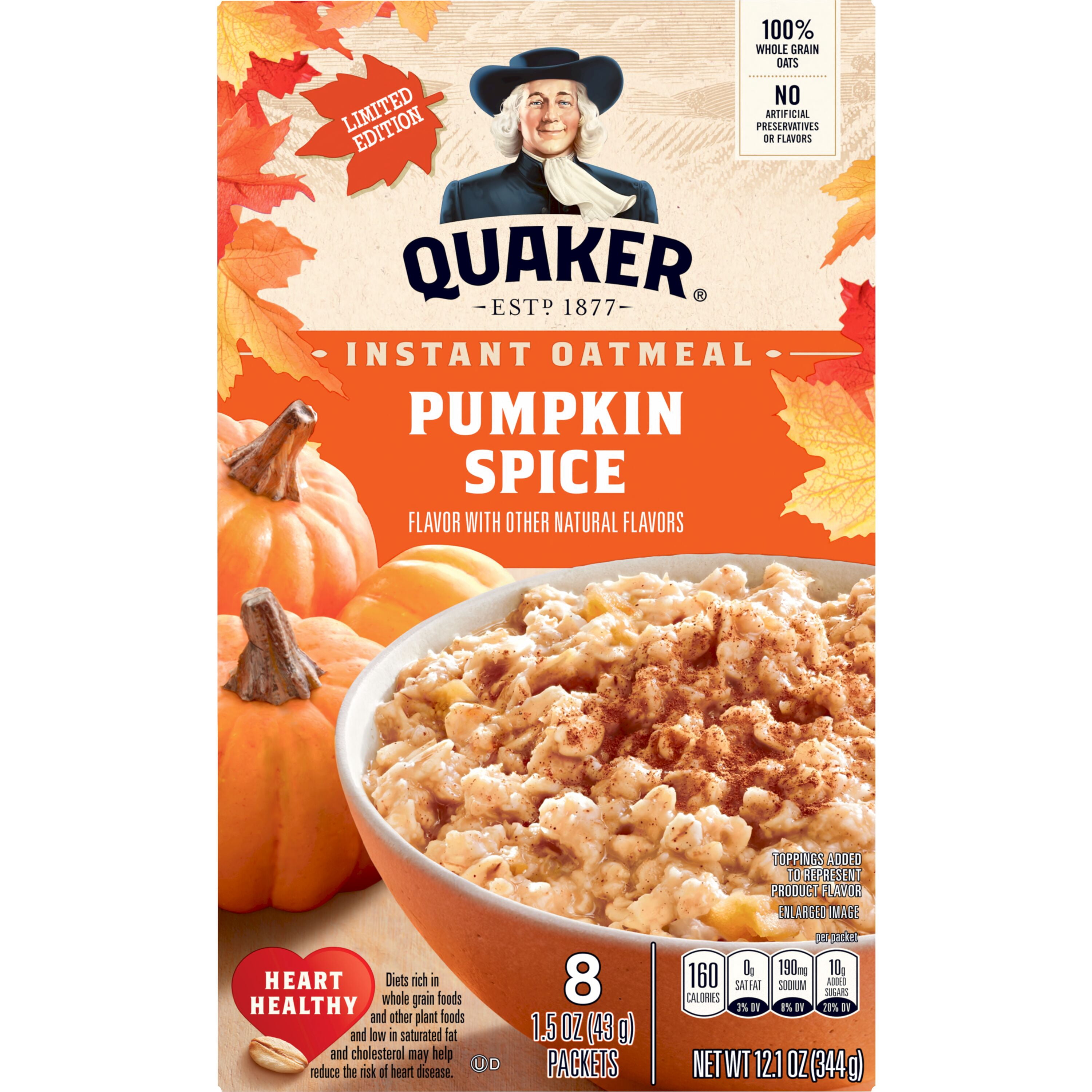 Quaker Pumpkin Spice Instant Oatmeal, 1.51 oz Packets, 8 Count