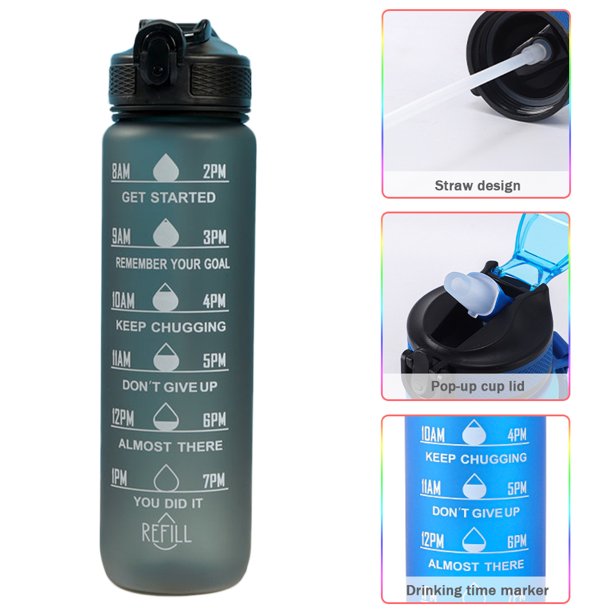 Tazas de agua de 1000 ml para adultos y niños hervidor deportivo motivacional con degradado de paja (negro) JShteea Libre de BPA