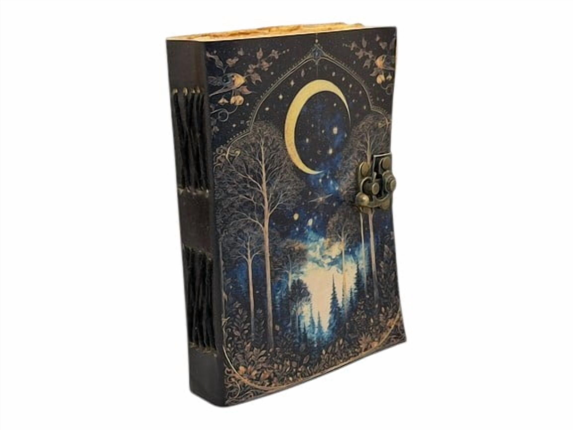 Handmade Leather Journal with Moon & Forest Design, 200 Deckle Edge Pages, 5x7 Vintage Notebook with Metal Clasp