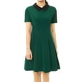 thumbnail image 2 of INSPIRE CHIC Women's Peter Pan Contrast Collar Short Sleeves Flare Dress L Green, 2 of 5