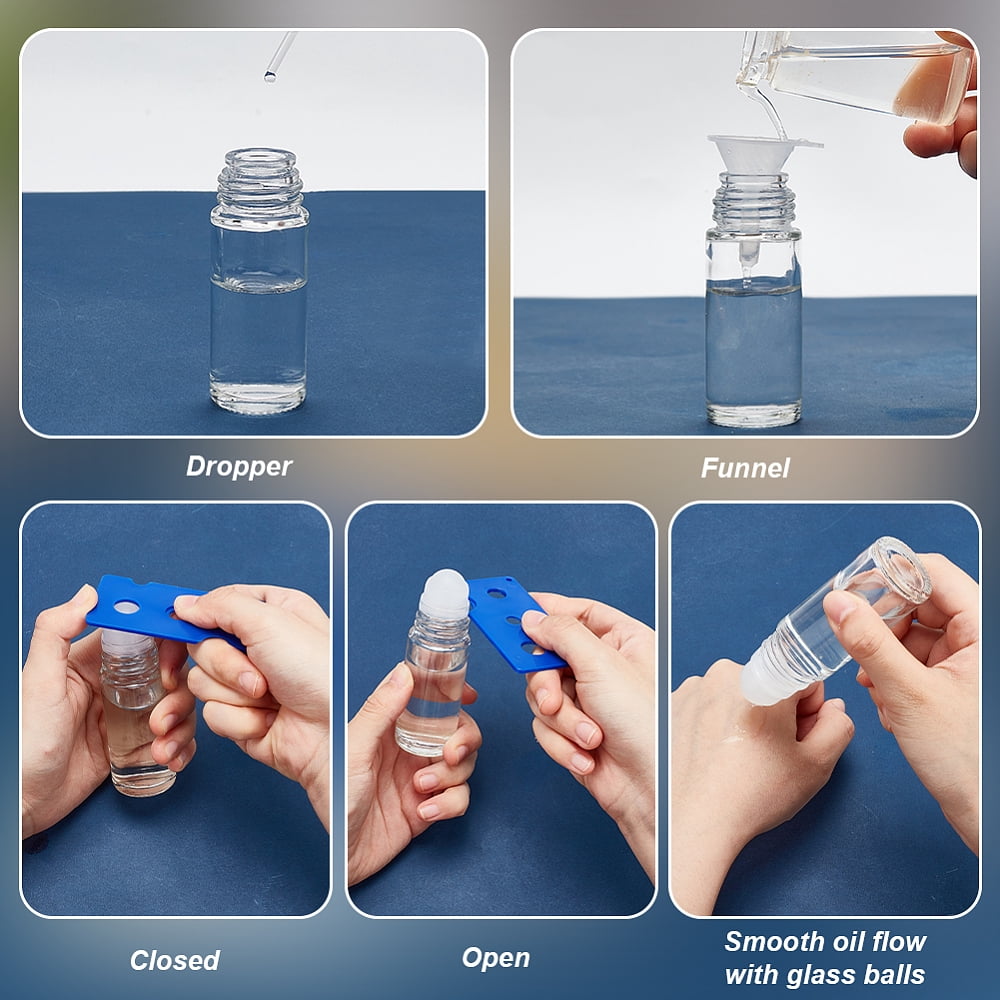 10 Pcs 30ml/1 oz Essential Oil Roller Bottle Clear Glass Bottles with Plastic Roller Ball White Lid Labels Dropper Reusable Empty
