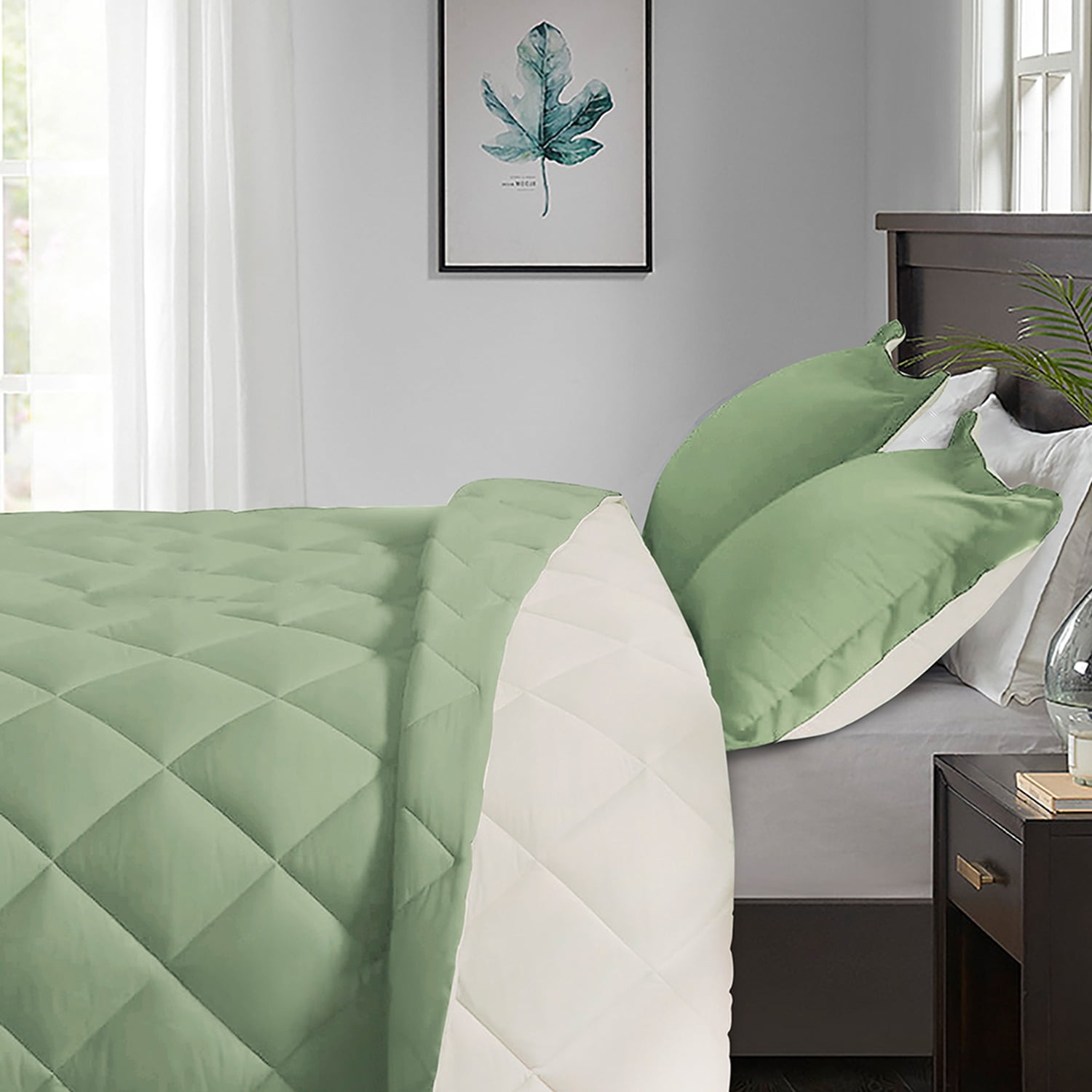 EvJk 3-Piece Twin Comforter Set – Sage/ Beige Reversible All Season Bedding