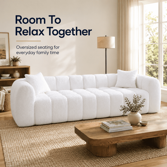 GOMYHOME 102.7" 4-Seat Cloud Sofa, White Boucle Compressed Couch