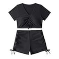 thumbnail image 4 of Huowey Women Swimwear Tie Front Bikini Set Short Sleeve 2PCS Swimsuit High Waisted Bathing Suits With Shorts Beach Vacation Swim Wear Honeymoon Cruise Trendy Wear, 4 of 7