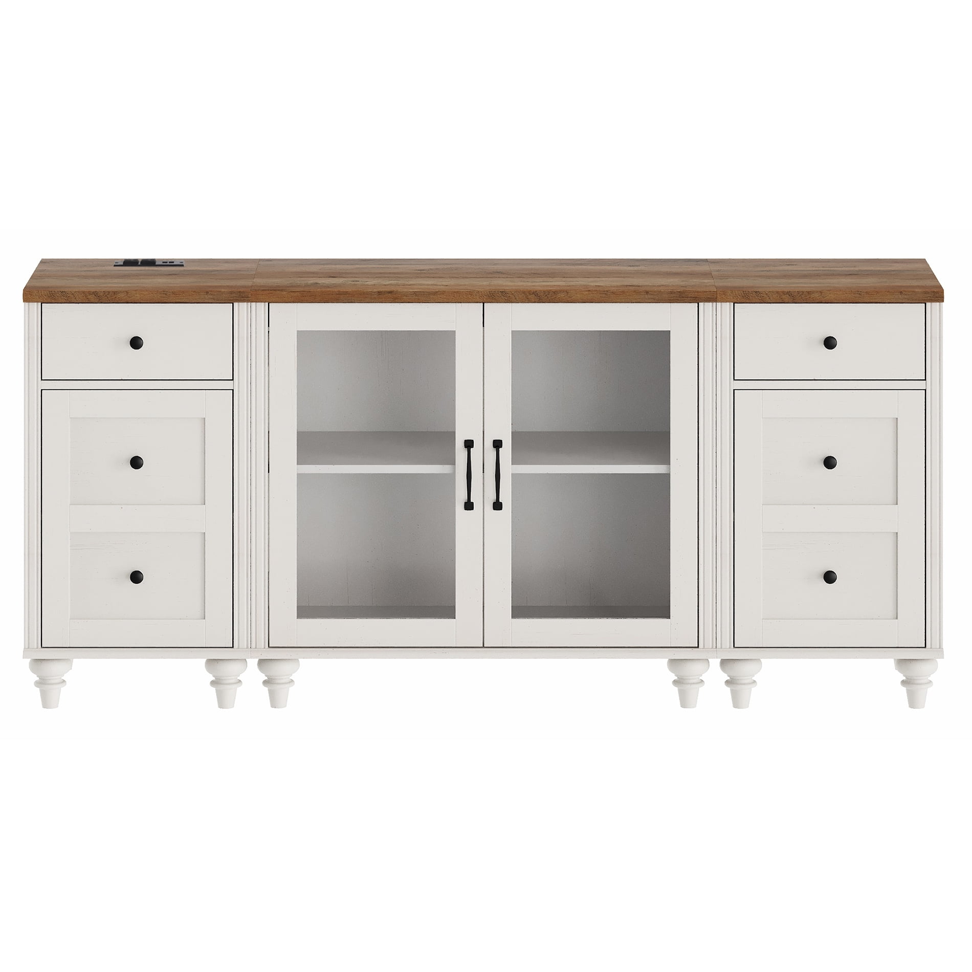 TV Stand for Up to 75 Inch TV, White Wooden Entertainment Center with Charging Station & Glass Door, Buffet Cabinet for Living Room & Dining Room