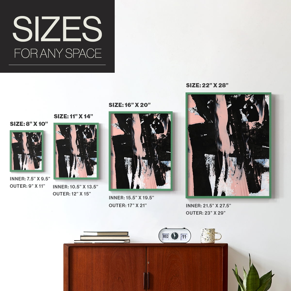 Black & Blush I Framed Print in Green Solid Wood Framed Print No Nail Hanging