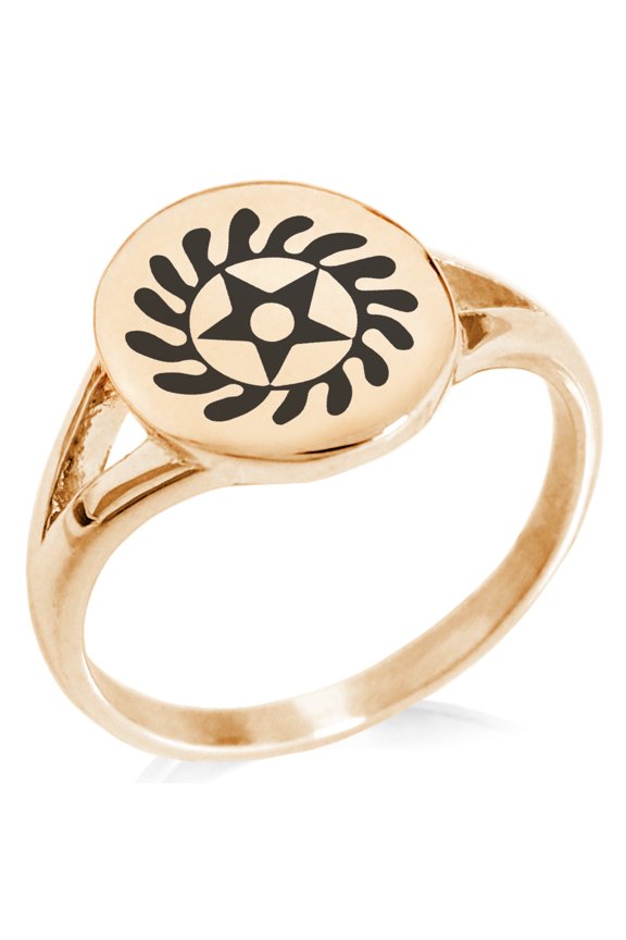 Stainless Steel Aztec Transformation Rune Minimalist Oval Top Polished Statement Signet Ring