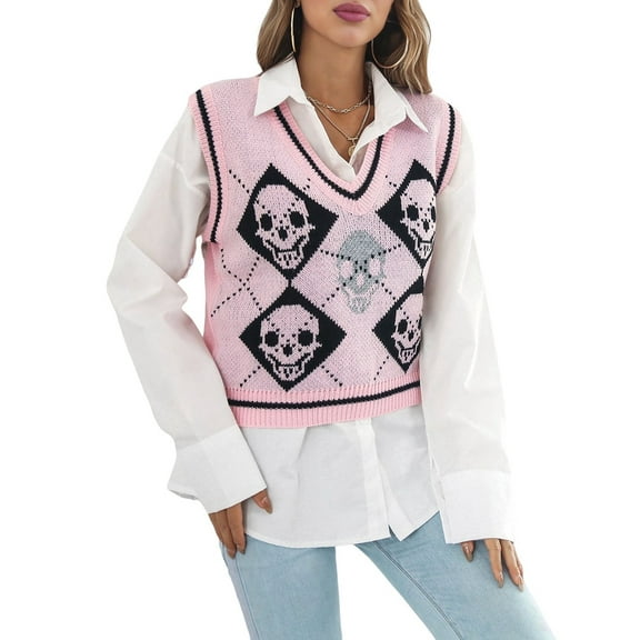 Women'S Sleeveless V Neck Knit Sweater Vest Skull Print Crop Tank Top Pink S