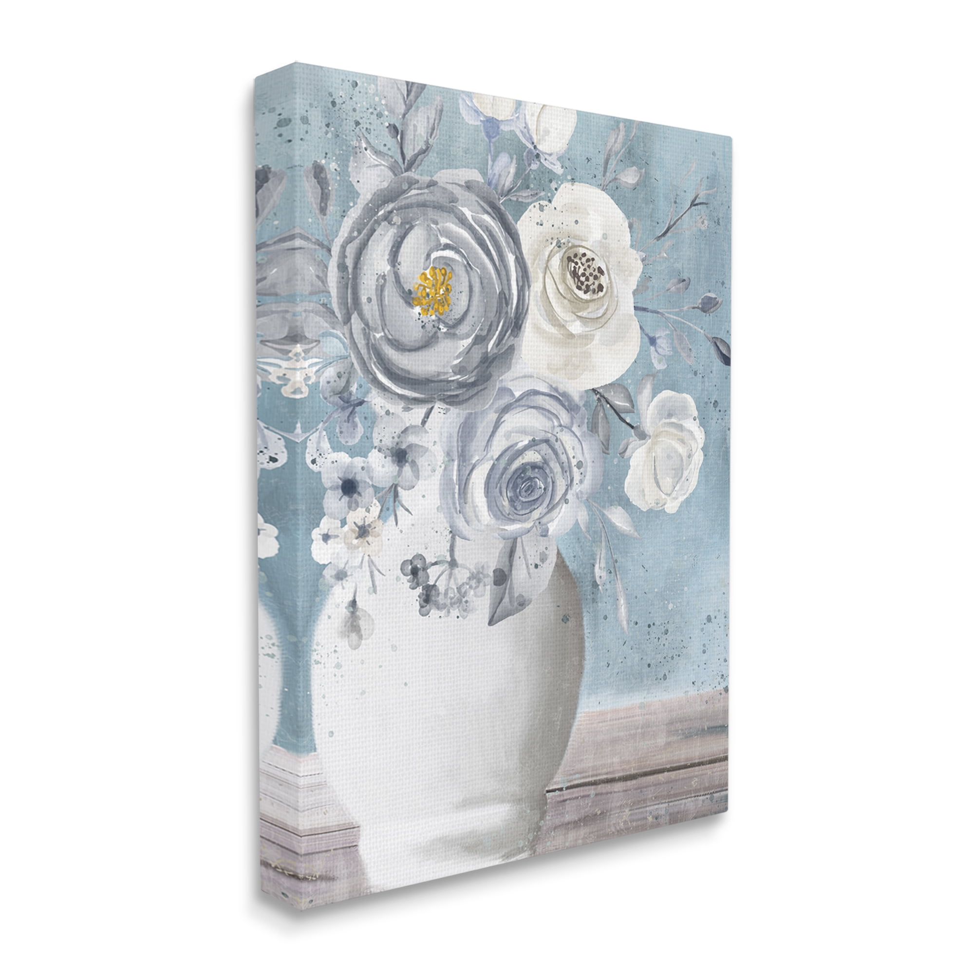 Stupell Industries Round Flower Blossom Bouquet Blue Paint Speckles Painting Gallery Wrapped Canvas Print Wall Art, Design by Kim Allen