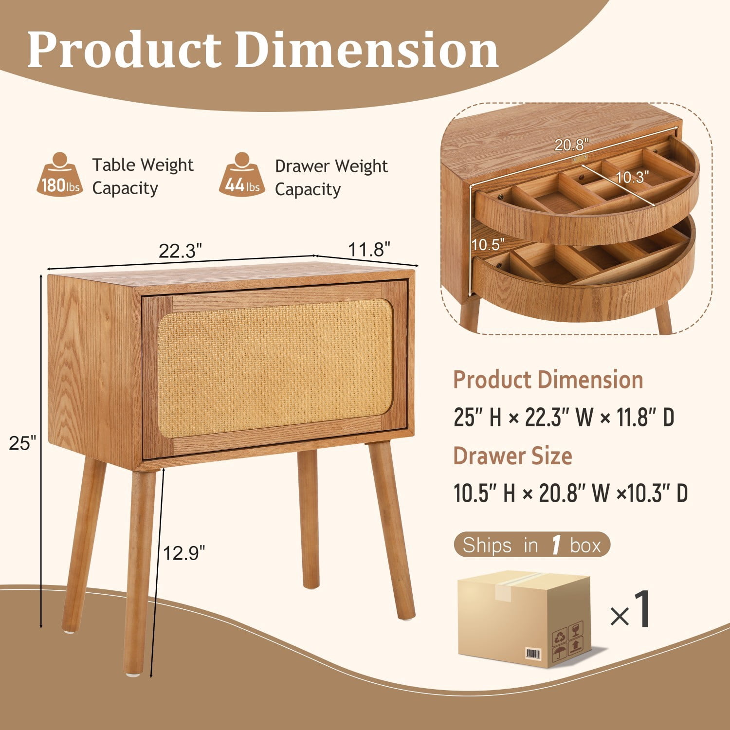 Rotating Hidden Compartment Nightstand, Mid Century Modern Rattan Bedside Table with Concealed Storage, Wood Legs End Table for Bedroom Living Room Dorm, Natural