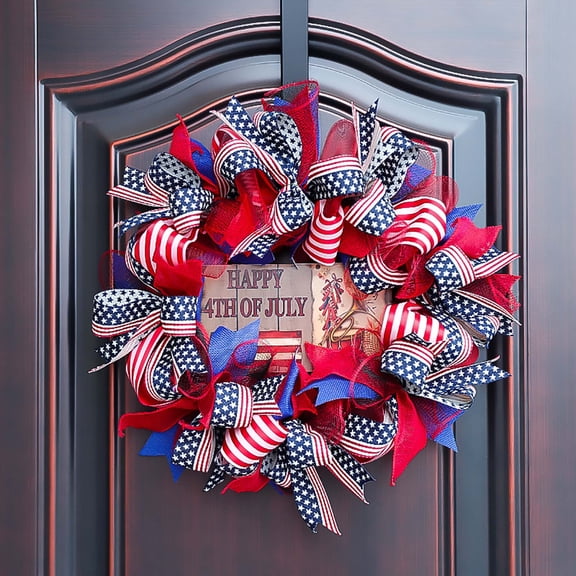 4th of July Wreath for Front Door, Independence Day Patriotic Wreath Decorations, Memorial Day Flag Wreaths, Red White Blue Garland Decoration for Front Door Wall Home Decor