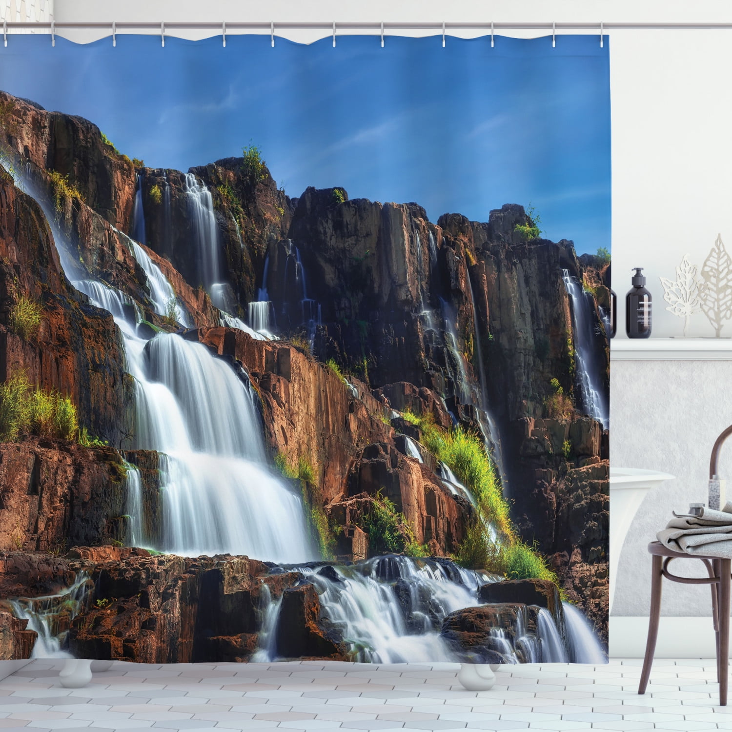 Waterfall in Tropic Rainforest Bathroom Shower Curtain Set Fabric & Hook 71 Inch 