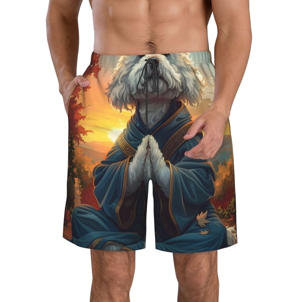 Balery Sunset Meditating Bichon Frise Traje de Baño Estilo Hawaiano para Hombre, Shorts de Secado Rápido con Bolsillos-Large