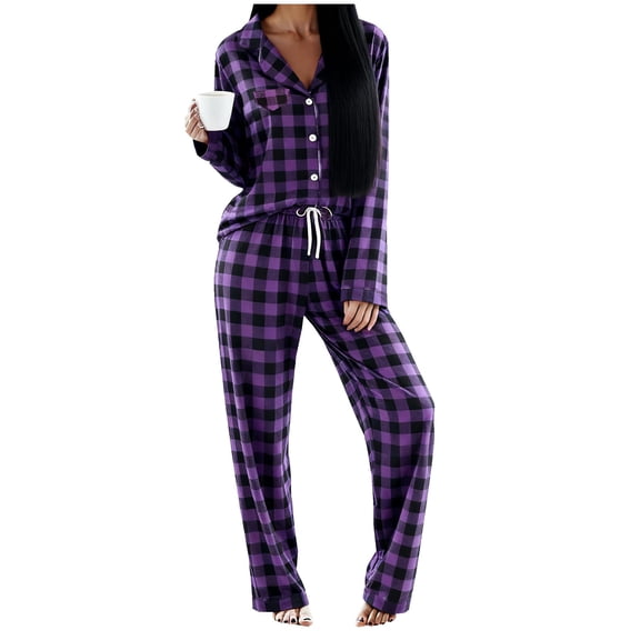 Women's Lounge Set Plaid Turn Down Collar Shirt Wide Leg Pants Casual Comfy Pajamas Fall 2 Piece Loungewear Purple S