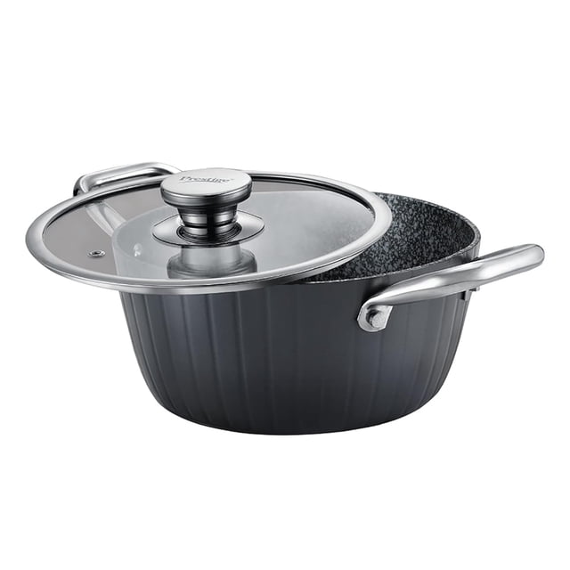 Durastone Hard Anodised Casserole With Glass Lid - 2.4 Liters, Black | 6 Layers Extra Durable Non Stick Coating - Stainless Steel Stay Cool Handles, Metal Spoon Friendly | Induction & Gas Compatible