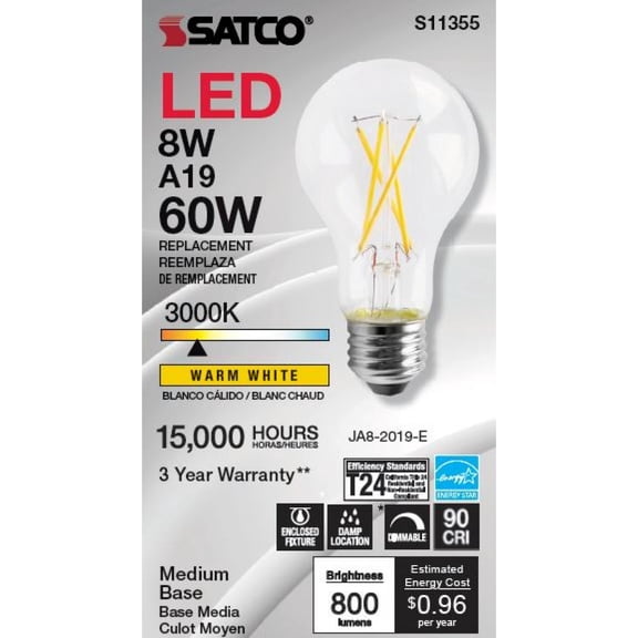 8W - A19 LED - Clear - 3000K - Medium base - 120V - 6-Pack