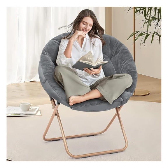 Cozy Saucer Chair, Living Room Chair, Faux Fur Soft Thick Padded Folding Chair, Comfortable Moon Chair for Living Room, Bedroom, Reading Nook, Modern Style, Gray
