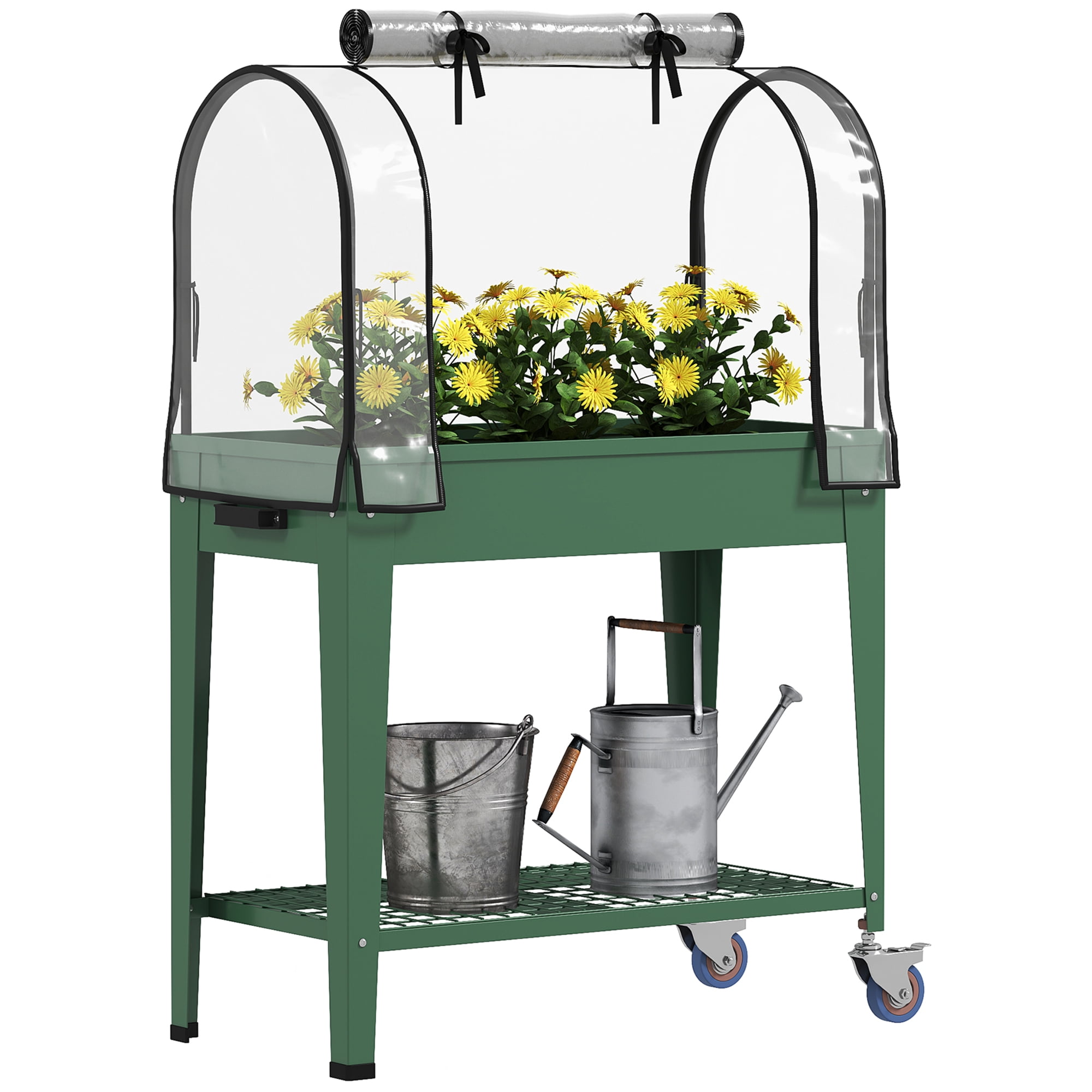 Outsunny Raised Garden Bed with Greenhouse Cover, Metal Outdoor Elevated Planter Box with Lockable Wheels, Storage Shelf and Drainage Hole, Green