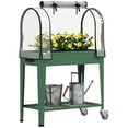 thumbnail image 2 of Outsunny Raised Garden Bed with Greenhouse Cover, Metal Outdoor Elevated Planter Box with Lockable Wheels, Storage Shelf and Drainage Hole, Green, 2 of 9