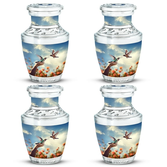 humming birds flying from hand Infinite Love Compact Cremation Urn - Boundless Mini Keepsake for Adult Ashes Funeral Urns For Human Ashes - Memorial Urns 3 Inch, Set Of 4