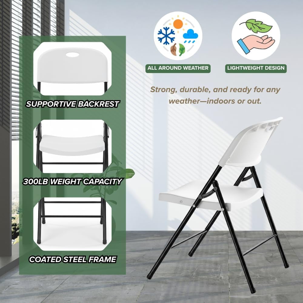 CycloneSound Heavy Duty Plastic Folding Chairs, 300 lb Capacity, Portable Foldable Chairs for Events, Patio, Weddings, Indoor/Outdoor, White (8 Pack)