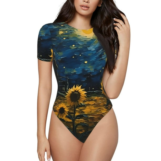Balery Oil Starry Sky Sunflower Body de cuello redondo de manga corta para mujer Tops de manga corta Tops básicos-Small