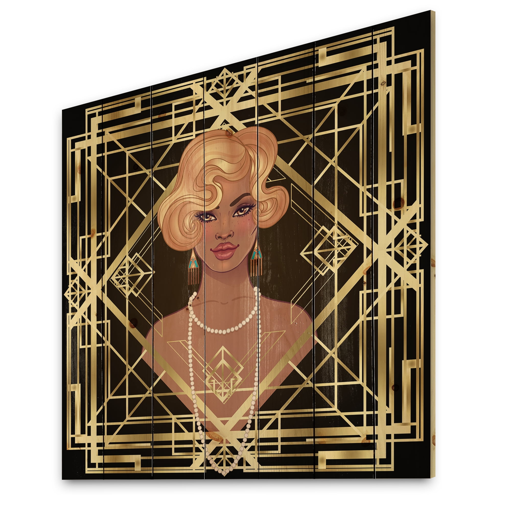 Designart 'Retro Girl In Golden Art Deco Geometrics III' Modern Print on Natural Pine Wood