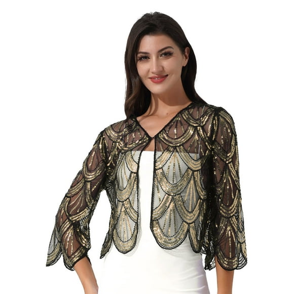 Yruioon Womens Long Sleeve Sequin Lace Shrug Scallop Hem Open Front Bolero Cardigan Loose Casual Shawl Tops Gold One Size