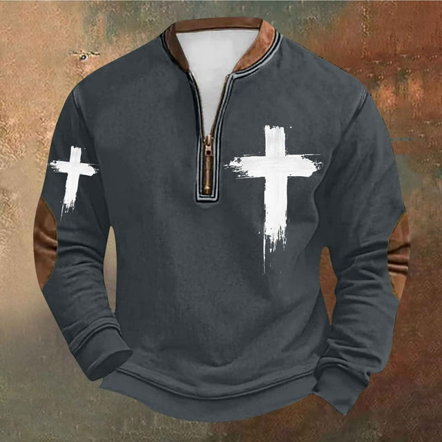 Styesk Chemises pour Hommes Grande Taille Impression Demi-Fermeture à Glissière Col Rond Imprimé Vintage Manches Longues