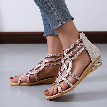 

Slippers For Women Fashion Spring And Summer Women Sandals Rhinestone Hollow Fish Mouth Small Wedge Zipper Roman Style Slippers Pu Beige 39
