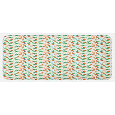 Easter Kitchen Mat, Orange Carrots Colorful Eggs and Dots in Cartoon Style Fresh and Healthy Bunny Food, Plush Decorative Kitchen Mat with Non Slip Backing, 47" X 19", Multicolor, by Ambesonne