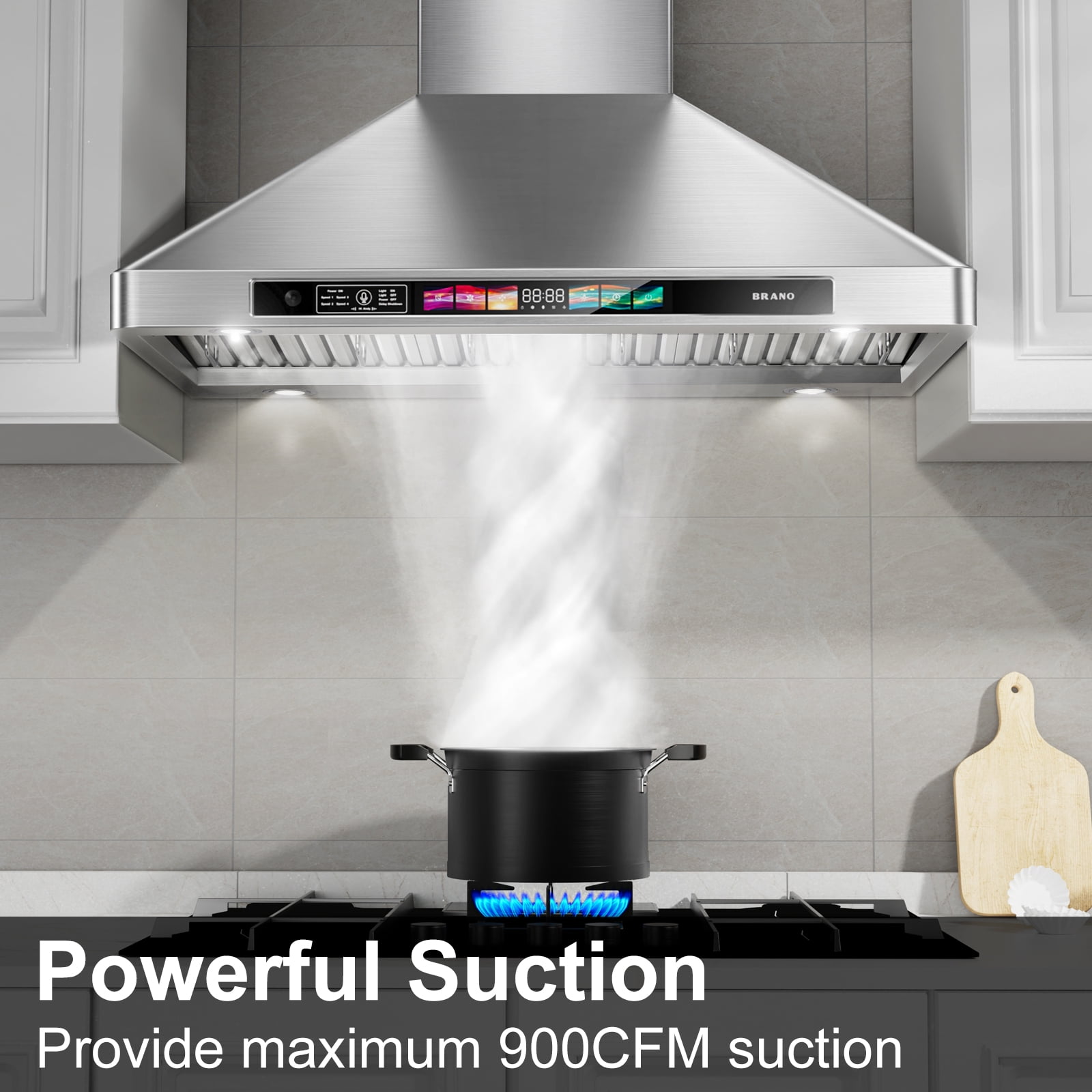 BRANO 30 Inch Wall Mount Range Hood Stainless Steel Hood, 900 CFM, Voice Control, 4-Speed