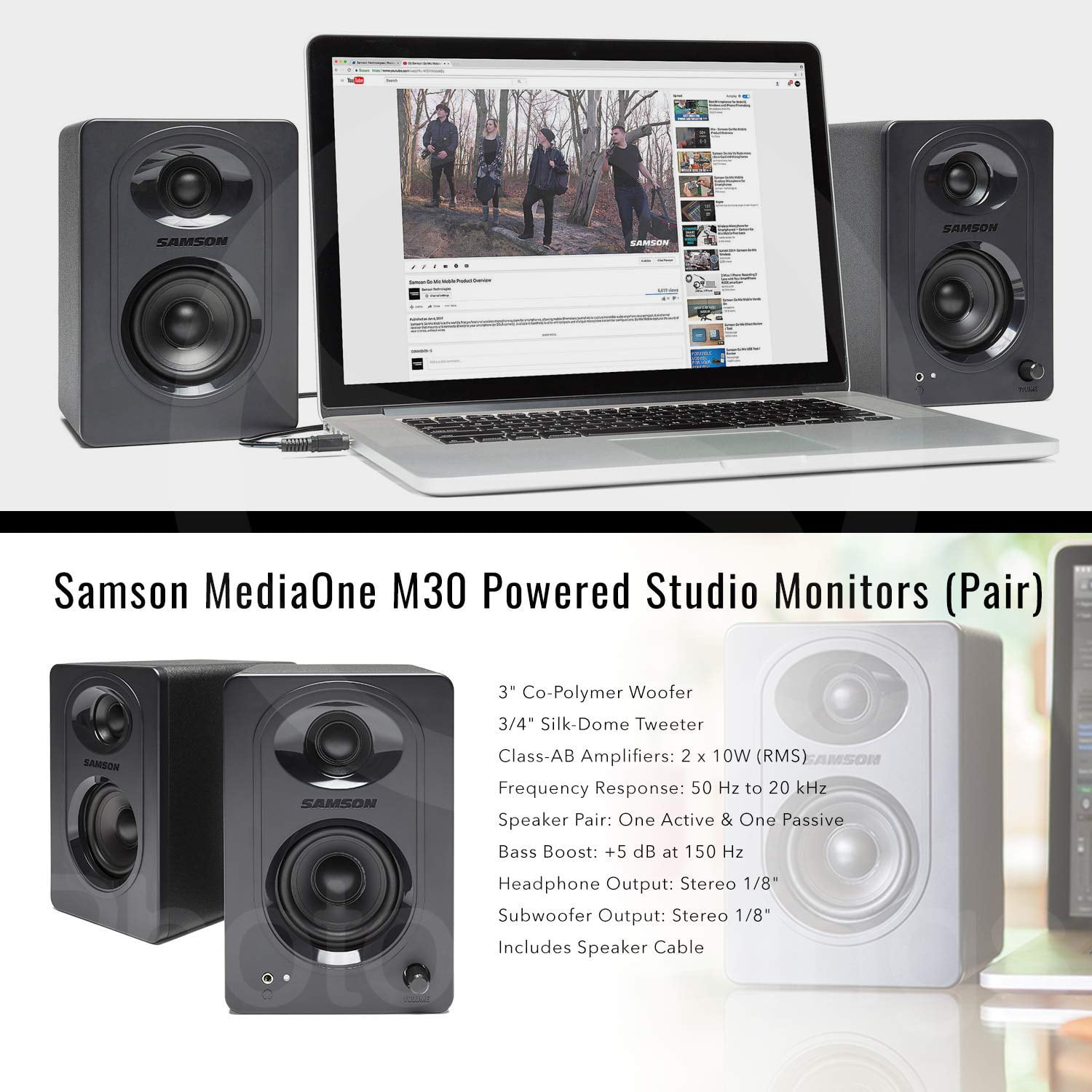 2 x 10W Samson MediaOne M30 Active Powered Studio Monitors Class-AB Amplifiers 