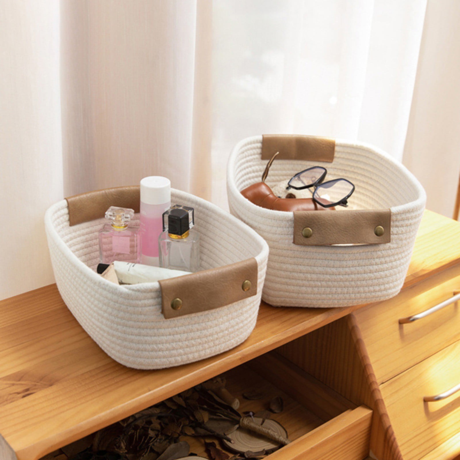 Cotton Woven Basket with PU Leather Handle, Clothes Toys Candy Gifts Cotton Rope Organizer, Living Room Basket Bathroom Shower Storage Laundry Basket, Dog Cat Bed, Fall Basket, 11.02x8.66x4.33"