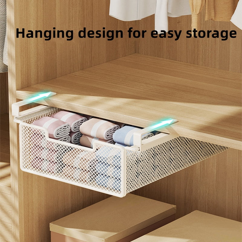 GIXUSIL Under Hanging Pullout Drawer Basket, Underwear Socks Holder Drawer, Coffee Pod Holder For Counter, Wire Basket Attaches to Shelf, Space Saving for Kitchen Counter Pantry Cupboard，Black
