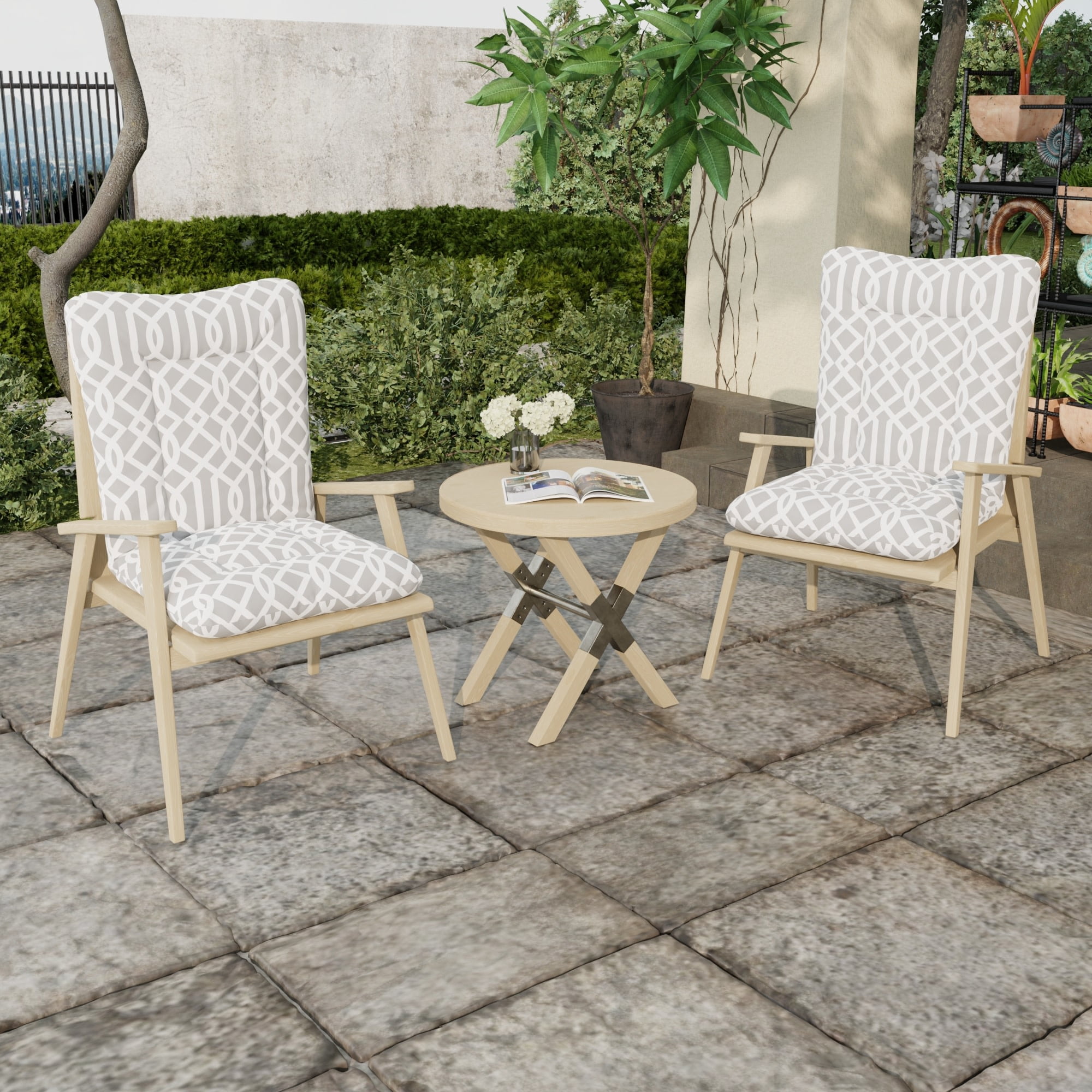 Jordan Manufacturing 38" x 21" Chauncey Pumice Gray Geometric Rectangular Outdoor Wrought Iron Chair Cushion with Ties and Hanger Loop