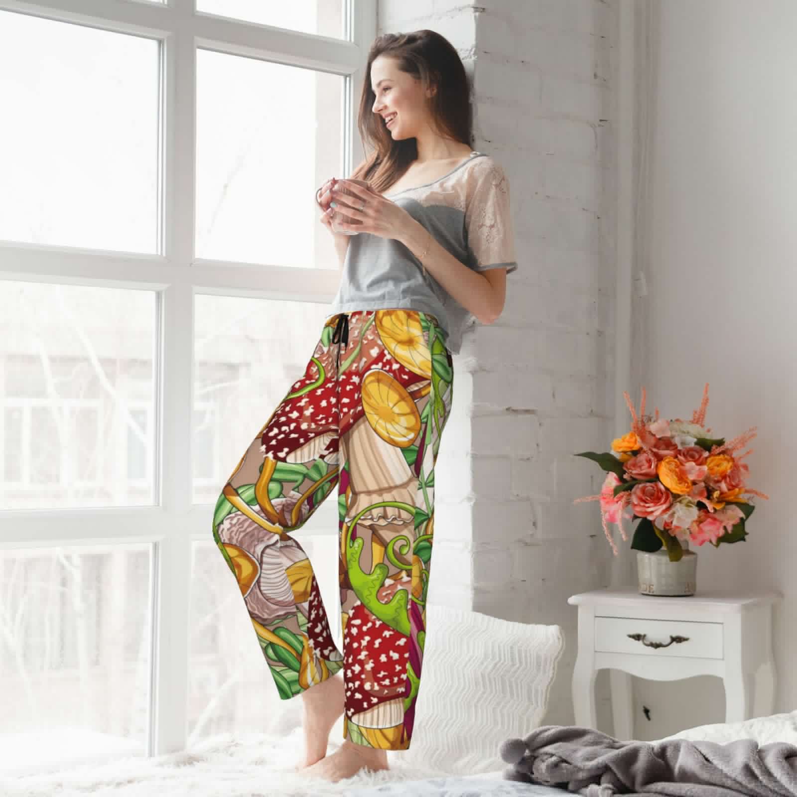 thumbnail image 4 of Uemuo Bright Mushrooms Pattern Women's Wide Leg Palazzo Lounge Pants with Pockets Light Weight Loose Comfy Casual Pajama Pants-X-Large, 4 of 9