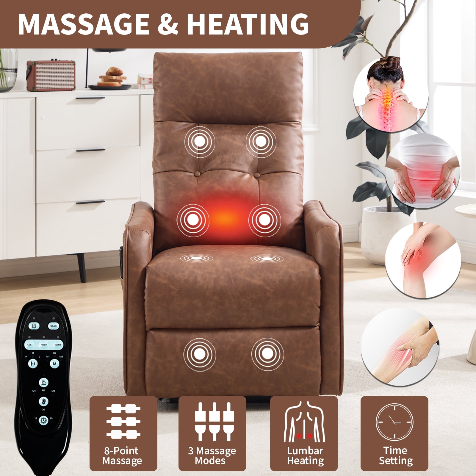 Gewnee Faux Leather Power Lift Recliner Chair with Vibration Massage & Lumbar Heat, USB Charging Port, Elderly Assist Chair for Living Room Bedroom，Brown