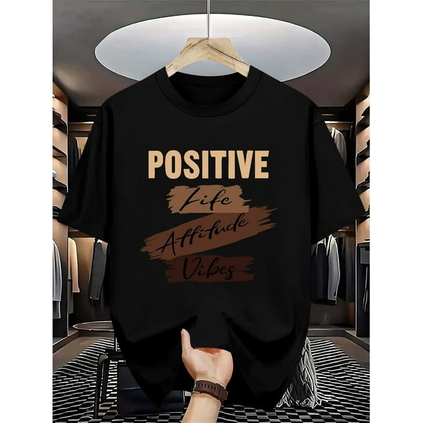 Men's Positive Vibes Graphic T-Shirt - Black Casual Summer Tee with Inspirational Design, Soft Cotton Blend, Round Neck, Machine Washable, Casual Sporty Tee, Summer Gifts