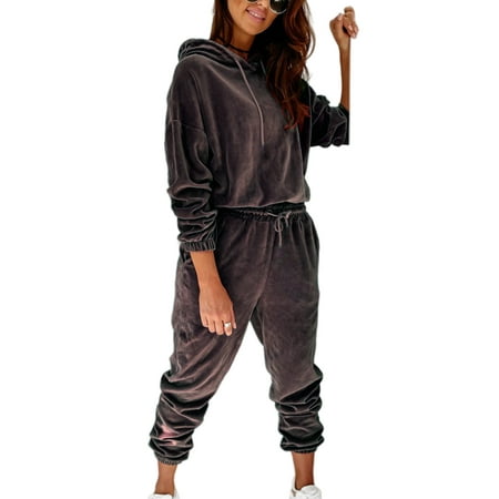

Lumento Women Velvet Pajamas Set Casual Plain Hoodies and Pants Sleepwear Loungewear