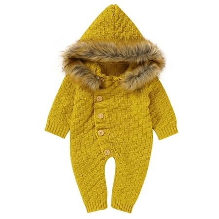 

Sunisery Baby Boy Girls Autumn Winter Warm Knitted Romper Fleece Collar Hooded Jumpsuit Long Sleeve Playsuit Yellow 3-6 Months
