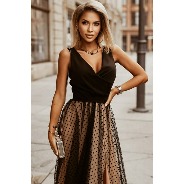 Polka dot top mesh maxi dress
