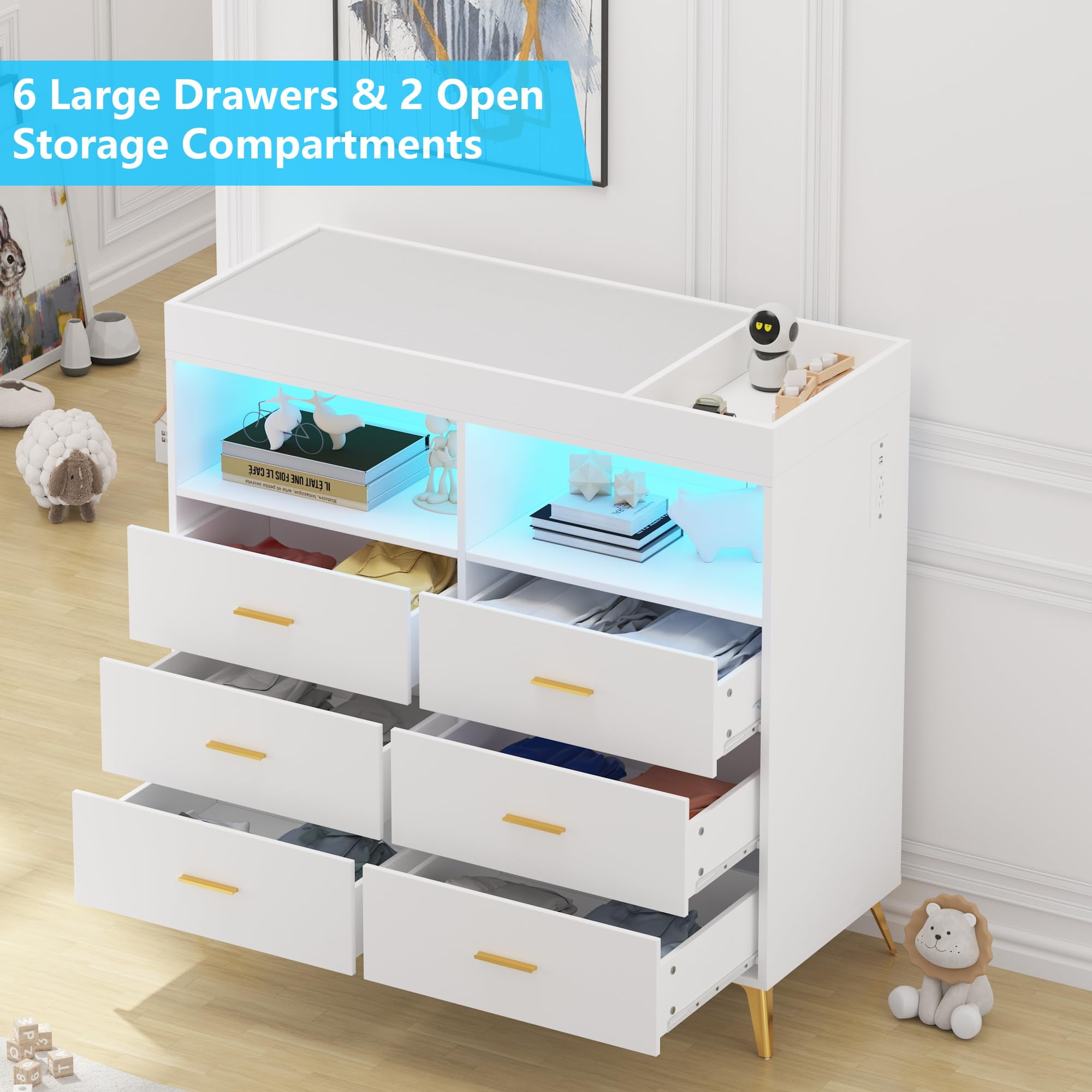 TROPOW Dresser for Bedroom with LED Lights and Power Outlet, Baby Changing Table Dresser with 6 Drawers, 2 Open Storage Shelves, Baby Dresser with Changing Table Top,White