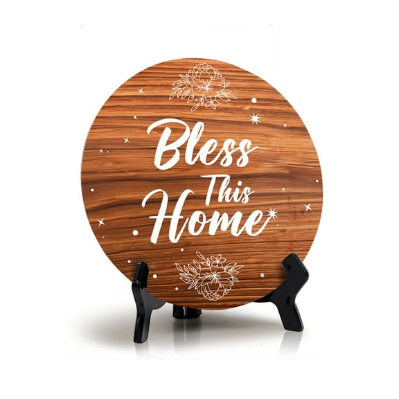 Bless This Home Circle Table Sign with Acrylic Stand (5x5") | Religious Home Decor