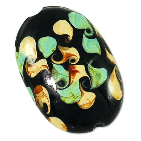 - Lampwork Glass Black Oval Bead with Mint and Tan Swirls 32x22mm (Package of 1 Bead)