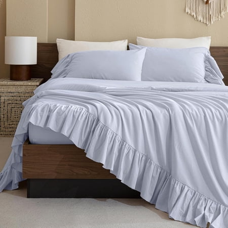 Ruffle Sheet Set ,Light Blue Shabby Chic Ruffled Bedding Breathable Aesthetic Textured Bedding 4 count for
